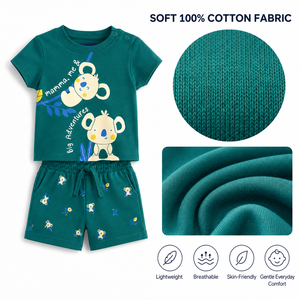 Ensemble T-shirt et short en coton tricoté imprimé koala Foxcotton Club, col rond, tenue décontractée d'été pour homme, vert - Product Image 4