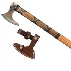 Hacha Tomahawk de BA Enterprises con mango de madera, funda de cuero, cabeza con diseño de barba, hoja de acero al carbono con 4 filos, herramienta de tala de árboles de grado DIY - Product Image 1