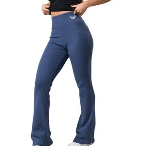 Women's Steel Blue Rib <b>Flared</b> <b>Legging</b> High Rise Stretch Yoga Pants Sculpting Fitness Trousers Activewear Gymwear Wear - Product Image 2