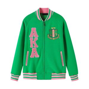 AKA Green Fleece Letterman <b>Jacket</b> <b>Pink</b> Stripe Unisex Varsity Style Embroidered Crest Patch Casual Warm Outerwear Apparel - Product Image 4