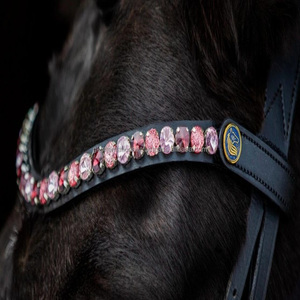 Frontal de cheval en cuir noir premium, orné de cristaux de verre personnalisés, pierres et strass fantaisie en forme de vague, toutes tailles sur mesure - Product Image 3