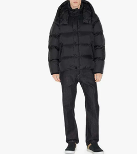 Veste matelassée à capuche noire pour homme, coupe-vent décontractée d'hiver, en polyester épais, coupe régulière, fermeture à boutons, couleur unie - Product Image 1