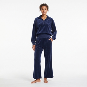 Ensemble de survêtement décontracté deux pièces en velours bleu marine pour femme, avec sweat-shirt à col rabattu et fermeture éclair quart de tour à manches longues et pantalon de jogging coupe ample - Product Image 6