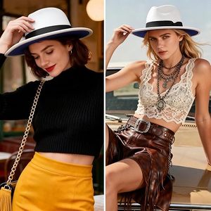 Black Wool Felt Fedora <b>Hat</b> Ribbon <b>Band</b> Adjustable Wide Brim Unisex Classic Style for Party Outdoor Travel - Product Image 2