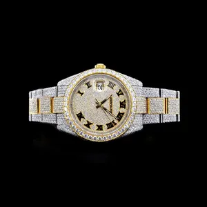 Reloj de Lujo para Hombre, Estilo Hip Hop, con Incrustaciones de Diamantes VVS Moissanite, Esfera Romana de Dos Tonos, Plateado, Personalizado, Diseño Completamente Incrustado - Product Image 1
