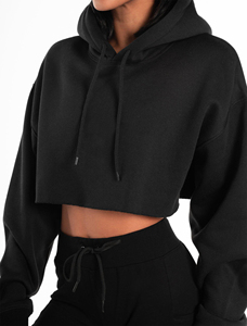 Sudadera con capucha corta negra para mujer, de manga larga, color liso, de algodón tejido, para otoño, top corto con capucha y joggers - Product Image 5