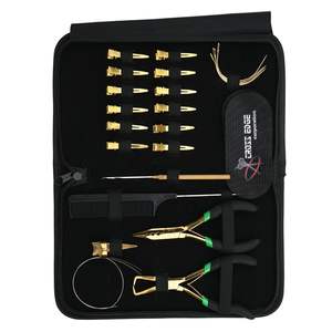 Kit professionnel d'extensions de cheveux dorées avec pince à extensions de cheveux en acier inoxydable de 5 pouces, pince à micro-anneaux et peigne à queue de cheveux - Product Image 1