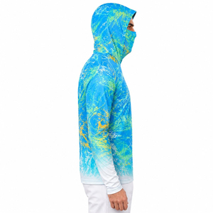 Wholesale Men's Sublimation Printed Long Sleeve Fishing Hoodie UPF 50 Anti-Uv Quick Dry Blue Green Pattern Pullover Shirt - Product Image 3