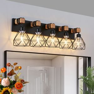 Luminaire de salle de bain ou de chambre à coucher moderne géométrique à 5 lumières de 31 pouces avec accents en métal noir et en bois - Product Image 2