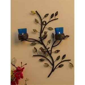 Portavelas Decorativo de Pared con Diseño de Árbol y Pájaros en Metal Dorado de Lujo |   Portavelas de Cristal Azul para Decoración de Patio y Jardín y Regalo de Diwali - Product Image 1