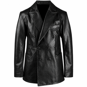 <b>Men's</b> Luxury Black <b>Leather</b> <b>Blazer</b> Double Breasted Wide Peak Lapel Elegant Business Formal Suit Jacket OEM Wholesale Supplier - Product Image 1