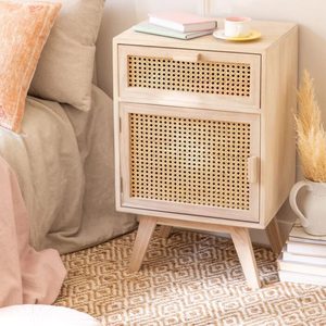 Mesa de Noche Moderna Rústica de Madera Maciza y Ratán con 2 Cajones, Gabinete Lateral de Almacenamiento para Dormitorio o Sala de Estar - Product Image 1