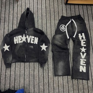 2027 Streetwear Graphic <b>Sweatsuits</b> Cropped Zip up Hoodie and Sweatpants Custom Baggy Distressed Acid Washed Men's Tracksuit Sets - Product Image 6