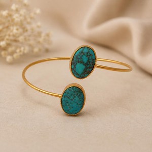 TURQUOISE OPEN BANGLE - Oval Shape Cabochon Gemstone Adjustable Cuff <b>Bracelet</b> - Gold Plated Brass Jewelry by Beau Glint - Product Image 1