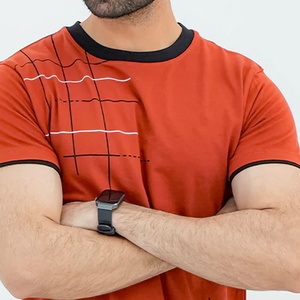 Camiseta de Manga Corta para Hombre, Color Naranja Sólido, con Ribete en Contraste, Corte Regular, Cuello Redondo, Algodón Tejido, Estilo Urbano Ecológico - Product Image 6