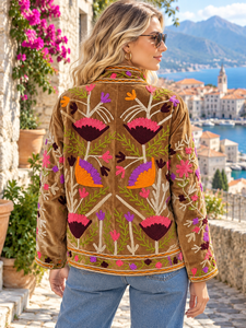 Hand Embroidered <b>Velvet</b> Jacket, Boho Floral Jacket, Colorful Suzani Style Coat - Product Image 2