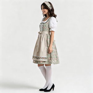 Robe Dirndl brodée respirante mi-longue pour femme, costume bavarois 3 pièces pour l'Oktoberfest, blanc, avec tablier beige à lacets, Trachten - Product Image 6