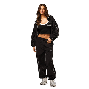 Womens Black Woven <b>Tracksuit</b> Full Zip Jacket and Straight Leg Pants Set Athleisure Fitness Sportswear Outfit - Product Image 1