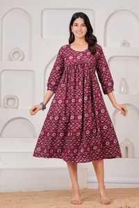 Maroon Floral Print Cotton <b>Three</b> Quarter Sleeve Casual Fit Flare Midi Dress with Maternity Feeding Gown for Daily Wear - Product Image 4