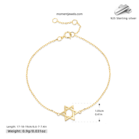 Bracelet Hexagramme en Argent Sterling 925 pour Hommes et Femmes, Pendentif Étoile Tridimensionnelle, Chaîne Câble, Plaqué Or Véritable 18K
