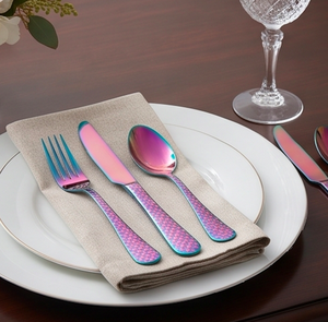 Juego de cubiertos ecológicos de acero inoxidable con diseño de arcoíris colorido, mango a cuadros, elegante vajilla para el hogar, comidas al aire libre y viajes. - Product Image 1