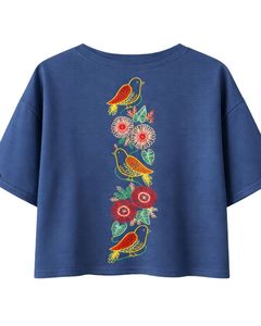 Camiseta Corta Azul Marino para Mujer, Bordado Floral de Aves, Manga Corta, Informal, de Moda, Mezcla de Algodón Suave, Top de Verano para Mujer, Venta al por Mayor - Product Image 2