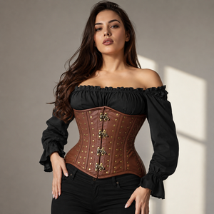 Faja Reductora de Cintura de Cuero Marrón para Mujer con Remaches Dorados y Cierre de Gancho y Ojo, Control Firme - Product Image 1
