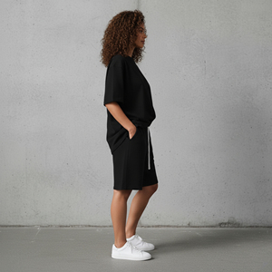 OEM/ODM 100% Cotton Women's Short <b>Set</b> Custom Silk Screen Printed Logo oversized Drop Shoulder comfortable ladies 2 piece <b>set</b> - Product Image 5