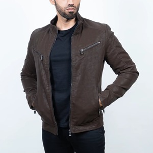 Chaqueta de cuero PU marrón para hombre, chaqueta de motociclista con cremallera, cuello alto, bolsillos con cremallera, ropa de abrigo para invierno - Product Image 2