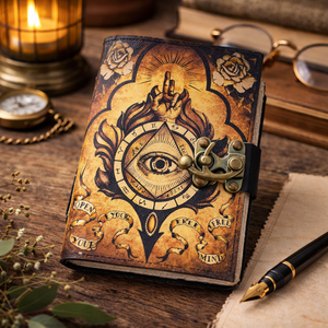 Carnet en cuir fait main Troisième Œil - Carnet de voyage marron vintage imprimé UV avec fermoir métallique et papier à bords festonnés pour croquis - Product Image 1