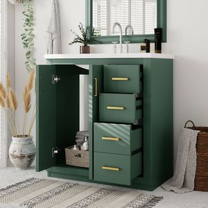 Mobile bagno autoportante da 30 pollici con struttura in legno massello, 3 cassetti e lavabo in ceramica integrato - Product Image 2