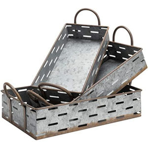 Plateaux de service gigognes vintage en métal argenté galvanisé avec bordure et poignées, lot de 3, pour la décoration intérieure et l'organisation - Product Image 1