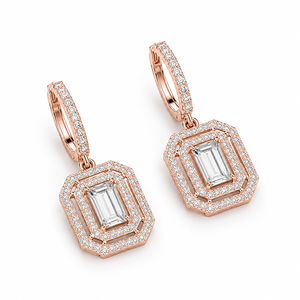 Rose Gold Plated Moissanite Drop <b>Earrings</b> Emerald Cut Geometric Halo Luxury Wedding Jewelry Women's - Product Image 1