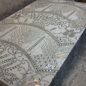 Elegant <b>Embroidered</b> Eco-Friendly Traditional Lace Fabric with Rhinestones Floral Pattern Handmade for Home Textiles 5 Yards - Product Image 1