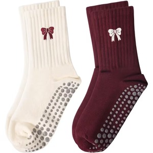 High Quality Crew Bow Embroidery Christmas Design <b>Grip</b> <b>Socks</b> <b>Custom</b> Logo Yoga Pilates Washable Anti-slip - Product Image 4