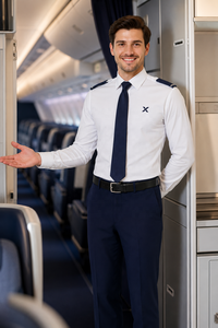 Tenue d'hôtesse de l'air sur mesure à manches longues pour hommes |   Chemise et pantalon d'été en coton 100% premium |   Vêtements d'agent de bord OEM ODM pour l'aviation - Product Image 6