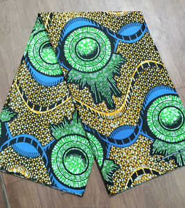 <b>Yellow</b> Green Blue African Wax Print Fabric with Bold Circular Floral Pattern for Ankara Dresses and Fashion Wear - Product Image 1