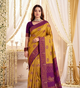 AARA Fashion <b>Purple</b> Mustard Silk <b>Saree</b> Traditional Print Sun Protection Floor-Length Wedding Wear for Women India Pakistan Style - Product Image 5
