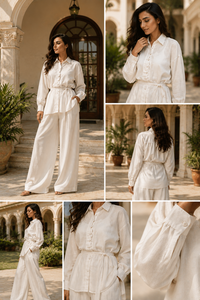 ชุดเซ็ตผู้หญิงสำหรับฤดูร้อน ผ้าฝ้ายทอ 100% สีพื้น ใส่ได้ทุกวัน - เสื้อเชิ้ตสีขาวติดกระดุมสุดหรู & กางเกงขายาวทรงหลวม สไตล์ลำลอง ชุดสองชิ้น - Product Image 2