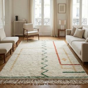 Alfombra Beni Ourain Marroquí Única Hecha a Mano, Alfombra Boho Beni Ourain Marroquí Albertina, Alfombra de Lana y Algodón Anudada a Mano en Color Crema Beige - Product Image 4