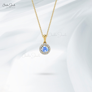Colgante Halo de Oro Sólido de 14k Hecho a Mano con Piedra Lunar Arcoíris Natural de Corte Brillante de 4mm y Diamantes, Proveedor Mayorista - Product Image 5