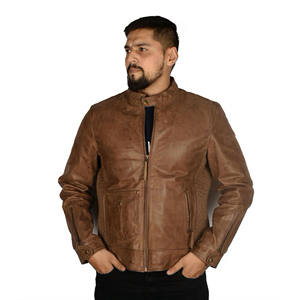Veste en cuir véritable pour homme, style motard, marron vieilli, col mandarin, coupe ajustée, style vintage - Product Image 1