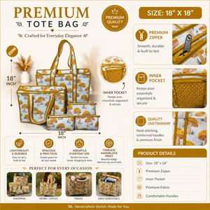 Water Resistant Quilted Cotton Tote <b>Bag</b> Mushroom Print <b>Foldable</b> Design Zipper Closure-Vintage Style Large Capacity for <b>Beach</b> - Product Image 3