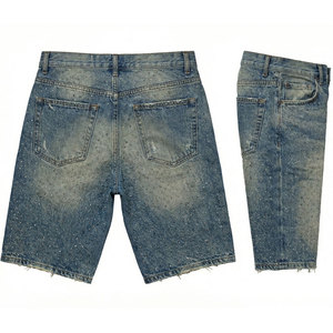 Shorts en jean personnalisés pour hommes 100% coton, coupe ample, avec strass en cristal, ourlet brut, style rétro vieilli, streetwear, hip-hop, été, décontracté - Product Image 2