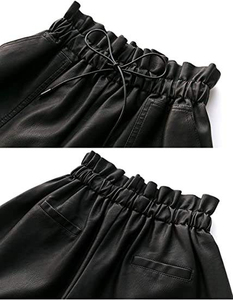 Shorts en similicuir taille haute pour femmes, avec cordon de serrage, plissés, unis, décontractés, à porter en toutes saisons - Product Image 2