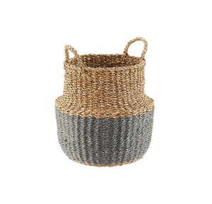 Panier artisanal traditionnel en jonc de mer, bicolore gris et motif naturel, pour une décoration moderne de salon - Product Image 1