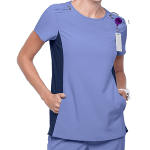 Blusa Médica de Manga Corta con Cuello Redondo para Mujer, Color Lavanda con Paneles Laterales Azul Marino, Diseños Personalizables - Product Image 1