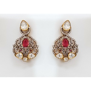 925 Silver Victorian Polki CZ <b>Ruby</b> Floral Pendant <b>Necklace</b> Earring Set Indian Bridal Handmade Antique Gold Plated Ethnic - Product Image 3