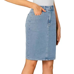 Falda vaquera personalizable de cintura alta para mujer, estilo lápiz, hasta la rodilla, elástica, estilo urbano, azul, con bolsillos, de secado rápido, talla mediana, para invierno. - Product Image 2