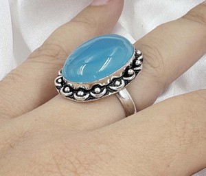 Natural Sky Blue Chalcedony Oval <b>Ring</b> Silver Plated Vintage Statement Gemstone <b>Ring</b> Handmade <b>Adjustable</b> <b>Ring</b> for Women - Product Image 4